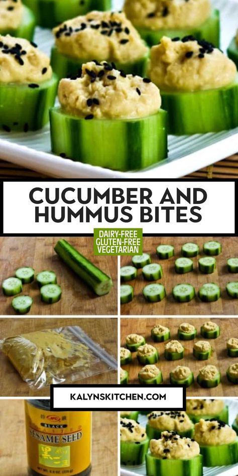 "Pinterest Image of Cucumber and Hummus Bites showing completed recipe photos and five photos of recipe ingredients in various stages of preparation." Healthy Party Snacks For Adults, Cucumber Hummus Bites, Cucumber And Hummus, Small Healthy Snacks, Hummus Bites, Hummus Appetizers, Cucumber Snacks, Cucumber Appetizers, Cucumber Cups