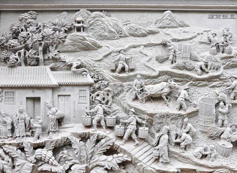 Sculpture On Wall, Stone Carving Sculpture, Wall Carvings, Carving Sculpture, China Image, Relief Sculpture, Village Life, Rural Life, City Landscape