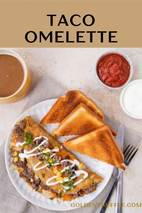 Taco Omelette: the perfect taco idea Taco Omelette, Ground Beef Omelette, Mexican Omelette Recipe Breakfast, Mexican Omelette Recipe, Taco Omelette Breakfast, Unique Omelette Recipe, Southwest Omelette, Omelette Ideas, Omelet Recipes