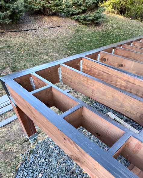 DIY Deck Part 1: Planning, Framing and Installing Deck Board - Fun Home Building Deck Plans Diy, Deck Over Concrete, Deck Building Plans, Deck Framing, Raised Deck, Framing Construction, Floating Deck, Deck Construction, Deck Designs Backyard