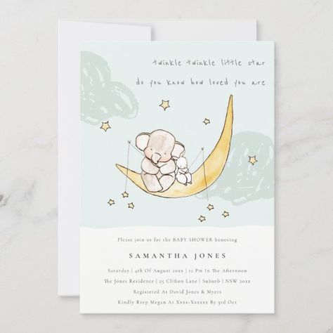 Moon & Stars Elephant Bunny Boy Baby Shower Invite Bunny Gender Reveal, Bunny Gender, Sketchy Illustration, Pork Meatball, Gender Reveal Invite, Bunny Baby Shower Invites, Bunny Sitting, Minimal Watercolor, Sitting On The Moon