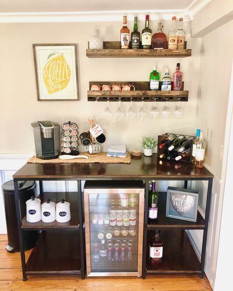 Home Drink Station Bar Areas, Diy Bar Apartment, Wine Bar Coffee Station, Mini Bar And Coffee Bar, Coffee And Drink Bar Station, Bar Coffee Area In Kitchen, Salon Beverage Bar Ideas, Home Beverage Bar, Manly Coffee Bar