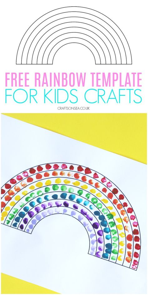 Free rainbow template for kids crafts, painting and colouring - downloadable PDF #rainbow #kidscrafts #rainbowcrafts Spring Finger Painting For Kids, Finger Painting Kindergarten, Rainbow Thumbprint Art, Rainbow Finger Painting, Rainbow Painting Preschool, Q Tip Rainbow Painting, Finger Painting Template, Rainbow Fingerprint Art, Fingerpaint Kids Crafts