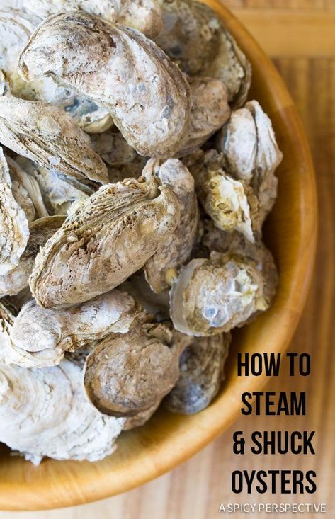 How to Shuck Oysters (And Steam Oysters, and throw an Oyster Shucking Party, and...) on ASpicyPerspective.com #oysters #howto Steam Oysters, Oyster Toppings, Oysters At Home, Steamed Oysters, Oyster Shucking, Cooked Oysters, Oyster Roast, Grilled Oysters, Shucking Oysters