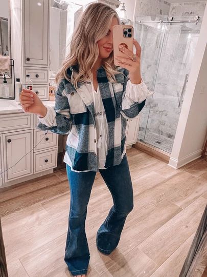 Flared Jeans And Flannel Outfit, Flares And Shacket Outfit, Blue And White Shacket Outfit, Flares And Flannel Outfit, Blue And White Flannel Outfit, Blue Plaid Shacket Outfit, Black And White Shacket Outfit, Blue Shacket Outfit, Flannel Shirt Outfit Casual