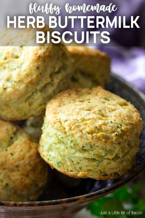 You can't beat homemade! These easy and fluffy herb buttermilk biscuits are the best. Quick to whip up, delicious, and can be made as drop or cut biscuits. | justalittlebitofbacon.com #breads #quickbreads #biscuits #breadrecipes #biscuitrecipes Sage Biscuits, Chive Biscuits, Butter Biscuit, Biscuit Bread, Biscuit Rolls, Buttermilk Biscuits, Biscuit Recipe, Dinner Rolls, Cinnamon Roll