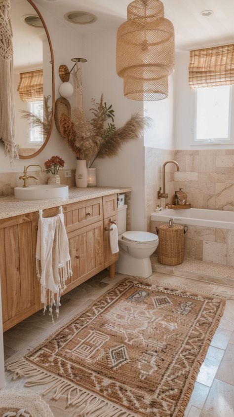 Bohemian Bathroom Ideas, Aesthetic Bathroom Decor, Bohemian Bathroom Decor, Bathroom Counter Decor Ideas, Boho Style Bathroom, Chic Bathroom Decor, 20 Aesthetic, Bathroom Counter Decor, Cozy Bathroom