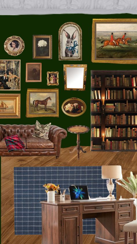 Ralph Lauren inspired office #ralphlauen #library #office Ralph Lauren Gallery Wall, English Office Design, Ralph Lauren Office Aesthetic, Ralph Lauren Home Office, Ralph Lauren Inspired Office, Old School Office, Equestrian Office, Ralph Lauren Living Room, Attorney Office Decor