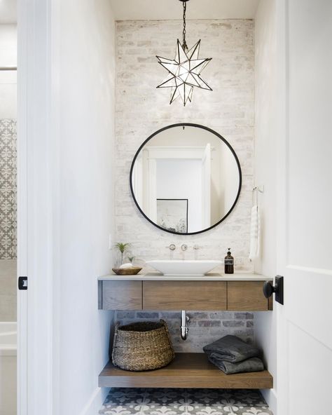 Contemporary Powder Room | Kathy Geissler Best | HGTV Farmhouse Bathroom Lighting, Beautiful Powder Rooms, Brick Wall Ideas, Farmhouse Bathroom Remodel, Rustic Farmhouse Bathroom, Farmhouse Bathroom Design, Farmhouse Bathroom Vanity, Tile Remodel, Powder Room Design