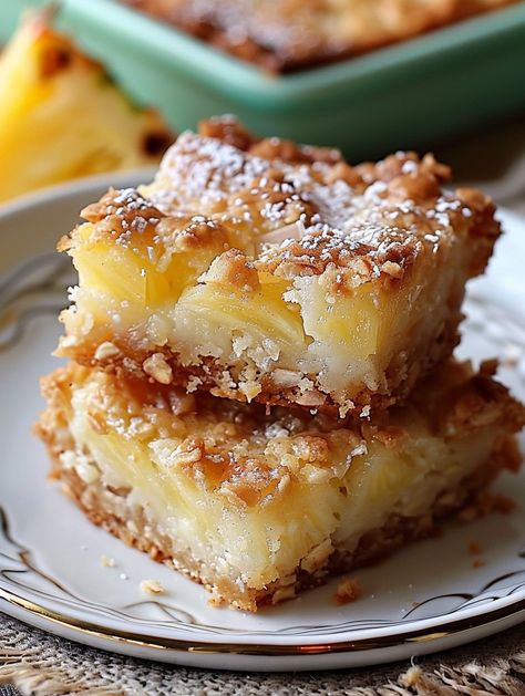 Need a sunny escape from the everyday? Just one blissful bite of these pineapple bars will instantly transport you to an island-inspired happy place. They're bright, buttery and absolutely bursting with all the vibrant sweet-tart Fruity Dessert Recipes Easy, Easy Desserts Pineapple, Pioneer Woman Orange Bars, Fruit Squares And Bars Recipes, Tropical Pineapple Bliss Bars, Pineapple Bliss Bars Recipe, Pineapple Bliss Bars, Pineapple Bars Recipe, Best Dessert Bars Recipes