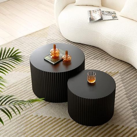 Matte Black Round Wooden Coffee Tables, Modern Luxury Side Tables Accent End Table for Living Room Apartment, 23.62"*23.62"*15.75"H (Black-Round) Coffee Table Set Of 2, Wooden Side Tables, Round Wooden Coffee Table, Round Coffee Table Sets, Round Nesting Coffee Tables, Tables For Living Room, Drum Side Table, Nesting Coffee Table, Living Room Table Sets