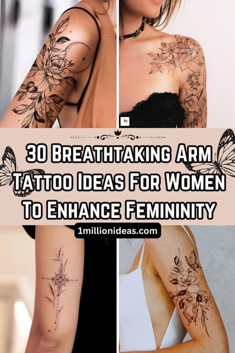 Ask any tattoo artist and they will say the arm is one of the best tattoo spots ever. So, if you are looking for stunning arm tattoo ideas for women, this list is for you. Shoulder, forearm, to an entire sleeve tattoo, we have everything you need to slay your next ink in style. Whether you want something elegant and discreet or creative and dramatic, we have you covered! Feminine Shoulder Tattoos, Arm Tattoo Ideas, Shoulder Sleeve Tattoos, Arm Sleeve Tattoos For Women, Back Of Arm Tattoo, Feminine Tattoo Sleeves, Best Tattoos For Women, Upper Arm Tattoos, Bicep Tattoo