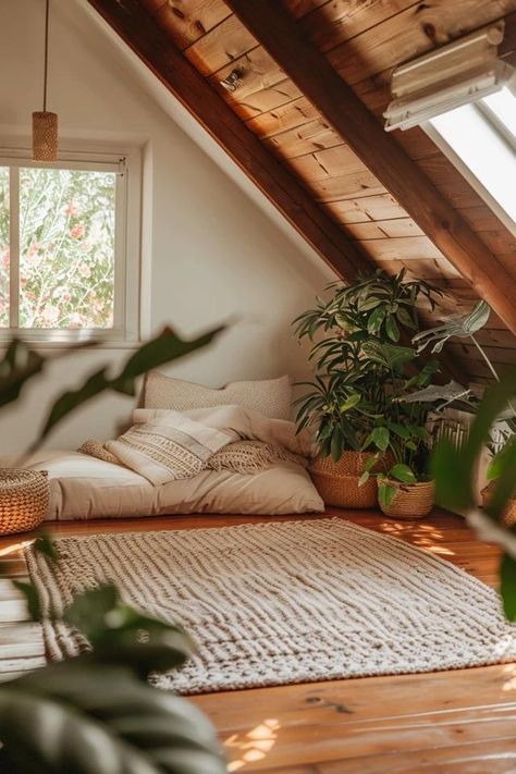 Attic Meditation Spot: Tranquil Areas Yoga Attic Space, Attic Decor Ideas, Cozy Small Room Ideas, Small House With Attic, Meditation Living Room, Attic Chill Room Ideas, Cosy Attic, Attic Meditation Room, Boho Attic Space