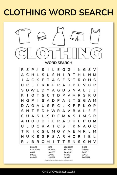 Free printable clothing word search Puzzles To Print Free Printable, Letter Grid, Word Puzzles For Kids, Clothes Words, Free Word Search Puzzles, Cross Word, Kids Word Search, Word Search Puzzles Printables, Free Printable Word Searches