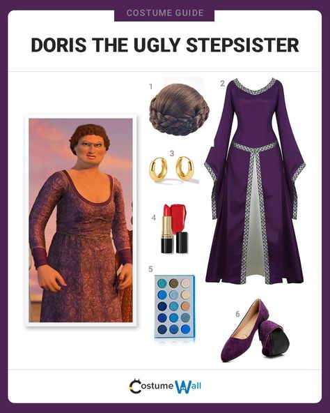 Doris the Ugly Stepsister Costume Purple Flat Shoes, Dory Costume, Shrek Costume, Got Costumes, Costume Guide, Princess Fiona, Purple Flats, Lipstick Eyeshadow, Bright Red Lipstick