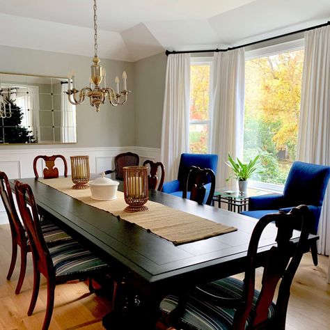 Traditional Dining Room Refresh-Before and After - Classic Casual Home How to Update Your Living Room without starting over.  #WisteriaFrenchPaneledMirror #BambooCandleholders #wainscoting #benjaminmooresilversong #traditional #diningroom #blueandgreen #classiccasualhome Traditional Dining Room Update, Cherry Wood Dining Room Decor, Updated Traditional Dining Room, Traditional Dining Room Furniture, Dining Room Decor Traditional, Traditional Dining Room Table, Dining Room Updates, Traditional Dining Tables, Traditional Dining Rooms