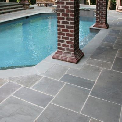 Bluestone Porch, Bluestone Walkway To Front Door, Blue Stone Patio, Bluestone Sidewalk, Pennsylvania Blue Stone, Pennsylvania Bluestone Patio, Stamped Concrete Patio Bluestone, Bluestone Pool Patio, Stone Around Pool