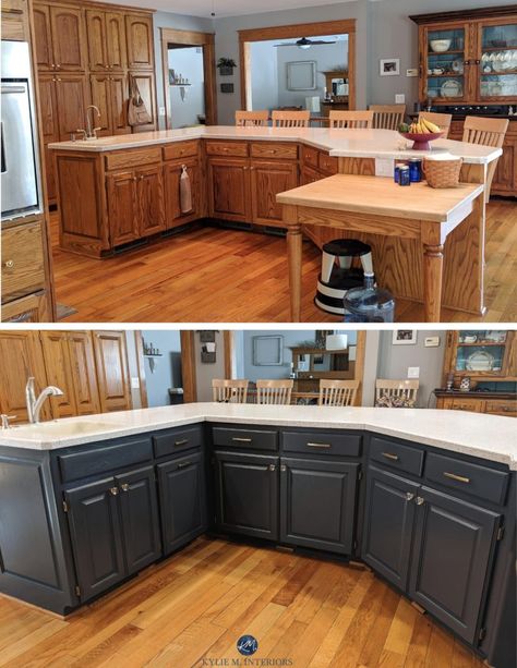 The 4 Best Paint Colours for a Kitchen Island OR Lower Cabinets Stained Wood Cabinets, Painted Kitchen Island, Painted Island, Green Kitchen Island, Stained Kitchen Cabinets, Honey Oak Cabinets, Painting Oak Cabinets, Staining Cabinets, Oak Kitchen Cabinets