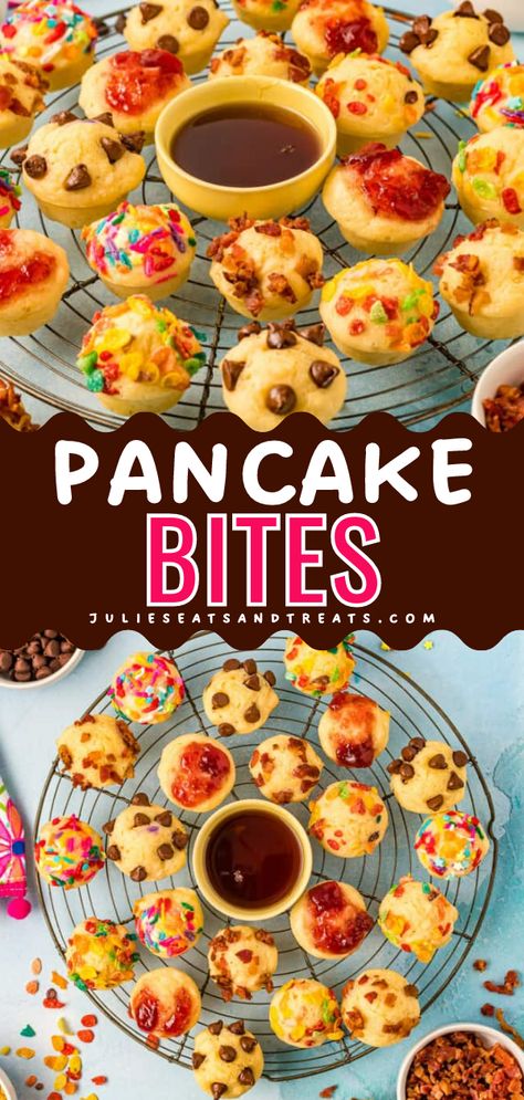 These bite-sized Pancake Bites are a delicious twist on traditional pancakes. Imagine fluffy pancake batter poured into a mini muffin tin, mixed with your favorite add-ins like juicy blueberries or chocolate chips. Stuffed Pancake Muffins, Pancake Cake Pops, Muffins Out Of Pancake Batter, Pancake Bar Ideas Kids, Pancake Bites Muffin Tins, Pancake Appetizer, Mini Pancake Bites, Pancake Poppers, Bacon Pancake Dippers