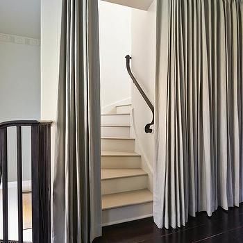 Gray Curtains at Staircase Curving Staircase, Curtains Design Ideas, Loft Curtains, French Pleat Curtains, Banister Remodel, How To Hang Curtains, Curtains Design, Open Trap, Hang Curtains