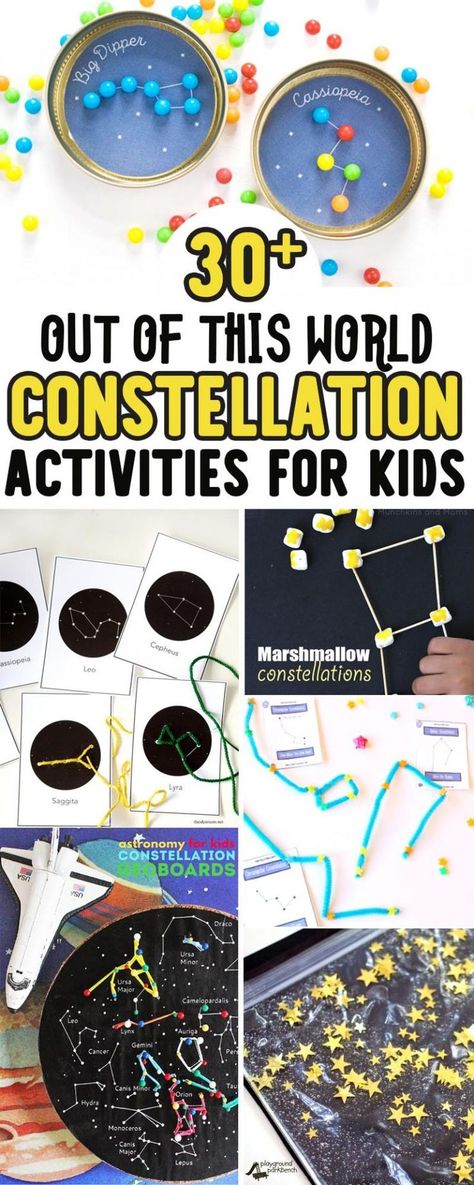 Let your kids explore the night sky through art, play and more with these 30+ Constellation Activities for Kids of all ages. From fine motor challenges for preschoolers, sensory play for toddlers, to more challenging viewers and light up constellations for older kids Preschool Sensory Play, Constellation Activities, Constellation Craft, Sensory Play Activities, Space Activities For Kids, Sensory Play Toddlers, Planning School, Preschool Sensory, Kid Science