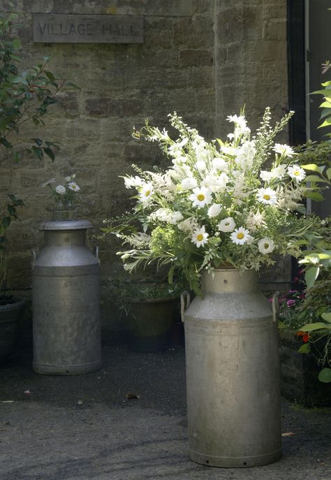 Milk churns with pretty daisies. www.thelilylocket.co.uk Milk Can Decor, Old Milk Cans, Church Wedding Flowers, Vintage Milk Can, Rustic Wedding Flowers, Church Flowers, Milk Cans, Rustic Wedding Decor, Wedding Guests