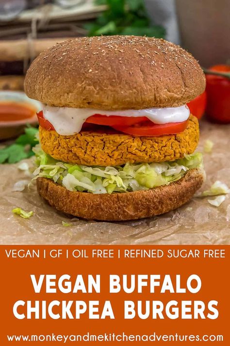 Buffalo Chickpea, Chickpea Burgers, Monkey And Me Kitchen Adventures, Monkey And Me, Spicy Burger, Vegan Burger Recipe, Vegan Sandwiches, Chickpea Burger, Oil Free Vegan Recipes