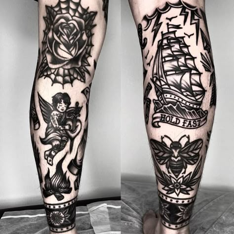 Annie Tattoo, Traditional Tattoo Leg, Traditional Tattoo Leg Sleeve, Black And Grey Traditional, Traditional Tattoo Black And White, Traditional Tattoo Woman, Traditional Hand Tattoo, Tattoo Perna, Traditional Black Tattoo