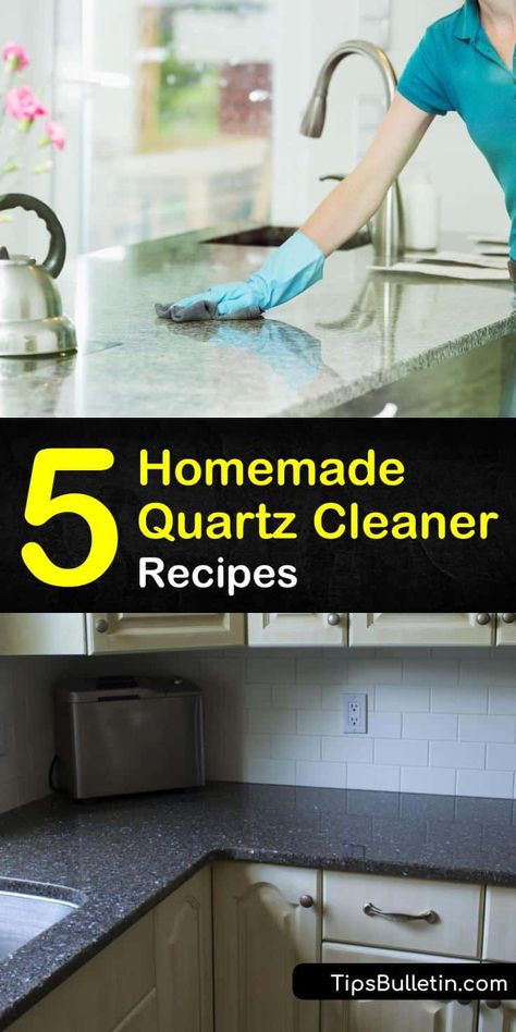 Discover how to get your countertops clean with our homemade glass cleaner recipes. We show you how to use dish soap, warm water, essential oils, and other cleaning products to clean up quartz and leave it looking like new again. #quartz #cleaning #diyquartzcleaner Homemade Countertops, Granite Countertop Cleaner, How To Clean Quartz, Cleaning Granite, Clean Quartz Countertops, Quartz Cleaner, How To Clean Stone, Arm And Hammer Super Washing Soda, Homemade Glass Cleaner