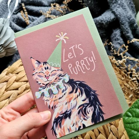 I am running extremely low on these kitty cat cards now! The Let's Purrty card has definitely been the most popular out of the whole new card collection launch. I will be ordering more, but I wanted to get some new designs whilst I am at it, so I have been working on some new cards lately 😁 I will be revealing them soon! Image: A greeting card featuring a smiling, long-haired cat, wearing a birthday party outfit with a paper hat, and text that says Let's Purrty. #catcard #catbirthdaycard #... Cat Lovers Birthday Cards, Pet Greeting Cards, Creative Greeting Card Design Ideas, Birthday Card Designs Handmade, Birthday Cards Cat, Cat Birthday Cards, Creative Greeting Cards, Cat Lover Birthday, Birthday Postcard