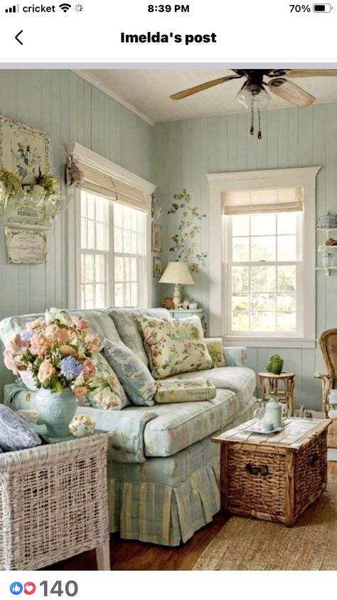 Sea Salt Bedroom Ideas, Colorful Cottage Interiors, Cottage Homestead, Neutral Decorating, Sherwin Williams Sea Salt, Granny Chic Decor, Sea Salt Sherwin Williams, Colorful Cottage, Cottagecore Home