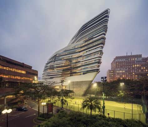 Jockey Club Innovation Tower by Zaha Hadid Architects Zaha Hadid Buildings, Facade Engineering, Tower Architecture, Polytechnic University, Zaha Hadid Architecture, Birthday 10, World Architecture Festival, Lecture Theatre, Jockey Club