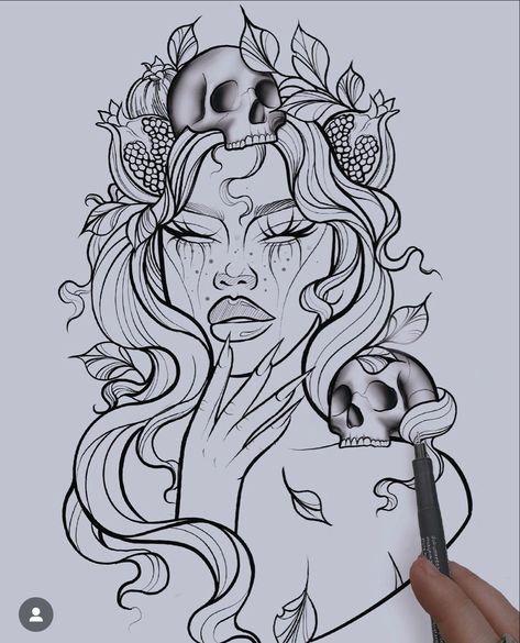 Persephone Drawing Greek Mythology, Greek Goddesses Drawing, Ruby Rose Tattoo, Mythology Drawing, Greek Goddess Tattoo, Aphrodite Tattoo, Leg Patchwork, Earthy Tattoos, Skull Rose Tattoos