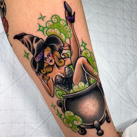 Witch Pinup, Pagan Halloween, Witches Art, Brisbane Tattoo, Halloween Pin Up, Pin Up Girl Tattoo, Nature Tattoo, Witch Tattoo, Witch Girl