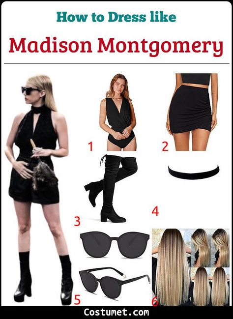 Madison Montgomery Halloween Costume, Madison Montgomery Costume, Ahs Halloween Costume Ideas, American Horror Story Halloween Costumes, Madison Montgomery Outfits, Ahs Halloween, American Horror Story Costumes, Black Sunnies, Madison Montgomery