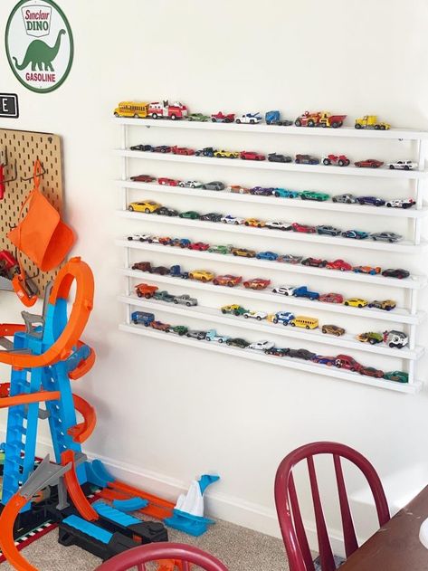 DIY Matchbox Car Shelf Tutorial — Design of Your Life Matchbox Car Wall Storage, Diy Car Shelf, Matchbox Car City Diy, Diy Hot Wheels Storage, Hot Wheels Holder, Hot Wheels Bedroom, Hot Wheels Shelf, Matchbox Car Storage, Matchbox Cars Display