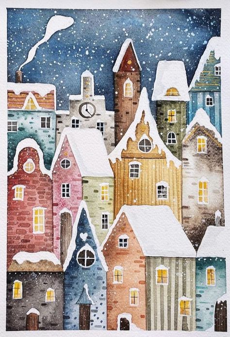 Artist Hue, Arte Aesthetic, Colour Drawing, Winter Art Projects, Christmas Illustrations, Winter Illustration, Winter Watercolor, Christmas Card Art, Watercolor Christmas Cards