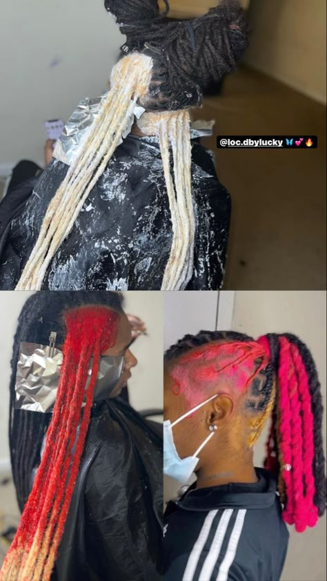 Locs Hairstyles For Women With Color, Lock Hairstyles Locs Dreadlocks, Dye Locs Ideas, Loc Ponytail Styles Dreadlocks, Easy Loc Styles Short, Pink And Black Locs, Long Dreadlock Styles For Women, Peekaboo Dreads, Skunk Stripe Locs