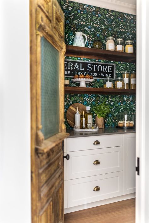 Wallpaper Inside Pantry, Laundry Room To Pantry Conversion, Dutch Door Pantry, Small Pantry With Wallpaper, Pantry In Hallway, Wallpapered Pantry, Eclectic Pantry, Wallpaper Pantry, Vintage Pantry Door