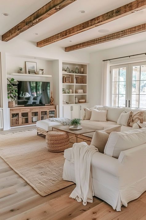 Creating The Perfect Boho Farmhouse Living Room Living Room French Country Modern, Modern But Homey House, Living Room Ideas Vintage Modern, Mediterranean Tv Room, Serene Living Room Ideas, Dream Farmhouse Living Room, Cosy Farmhouse Living Room, Cream Colored Living Room Ideas, French Farmhouse Decor Living Room