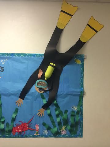 Scuba Diver bulletin board Deep Sea Discovery Vbs, Submerged Vbs, Ocean Vbs, Beach Window, Homecoming 2024, Blue Hallway, August Themes, Ocean Classroom, Gifted Students