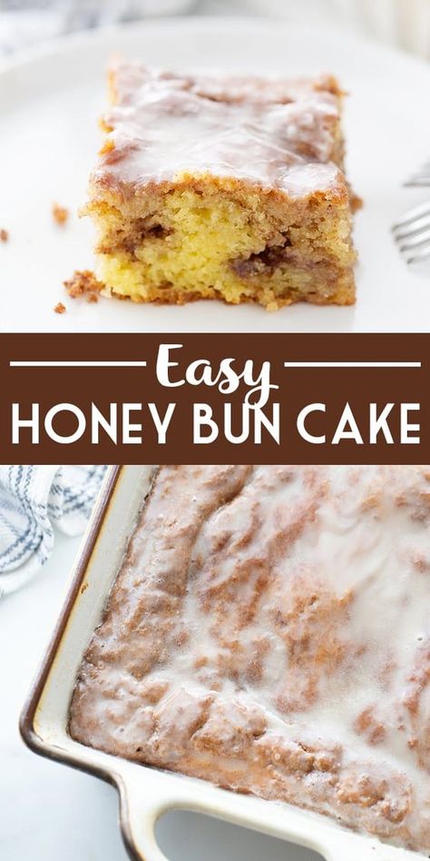 Honey Bun Cake - There's nothing like hot, cinnamon-swirled yellow cake topped with powdered sugar icing. Dessert or breakfast? Honey bun cake is both! #honeybun #cinnamonroll #cakemix #cakemixrecipe #honeybuncake #baking #dessert #brunch #halfscratched #yellowcake #easyrecipe Honeybun Cake Recipe, Honeybun Cake, Cinnamon Bun Cake, Cinnamon Swirl Cake, Sour Cream Banana Bread, Honey Bun Cake, Powdered Sugar Icing, Bun Cake, Sagittarius Tattoo