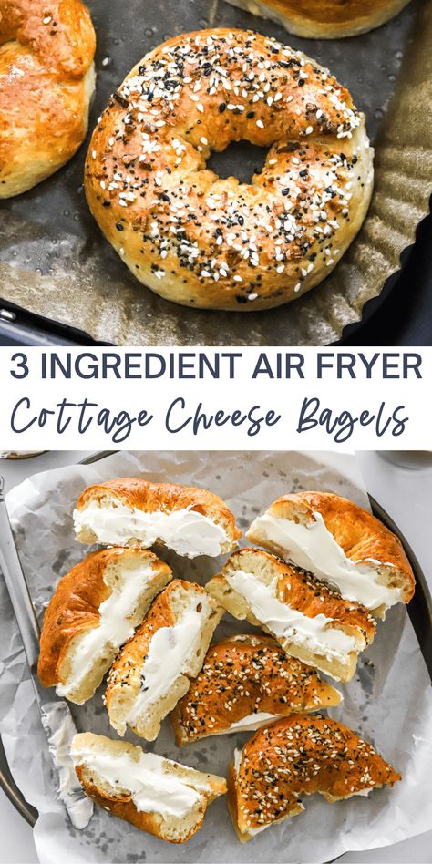 You can make protein bagels right at home with just 3 simple main ingredients. These bagels have 10 grams of protein each and are made with cottage cheese, flour, and baking powder. They come together quickly and can be made in the air fryer or oven. Great for breakfast or lunch any day of the week! Customize the toppings or make them gluten-free! Air Fryer Protein, Cottage Cheese Bagels, Air Fryer Bagels, Cheese Air Fryer, Protein Bagels, Cottage Cheese Recipes Healthy, Queso Cottage, Cheese Bagels, Desserts Keto