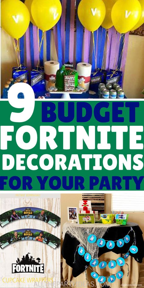 FORTNITE PARTY DECORATIONS on a budget for girls and boys birthdays. Cheap DIY homemade party decor ideas or cheap party supplies. Simple tutorials for backdrops with balloons and streamers, food table decor and free printables. Invitations, birthday banners, food tags, goodie bags and more with v bucks, supply drop crates, llama loot and more. Party Decorations On A Budget, Fortnite Party Decorations, Fortnite Party, Video Games Birthday Party, Gratis Printables, Boy Birthday Decorations, Boy Birthday Party Themes, V Bucks, Cheap Party