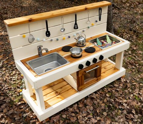 NobleWoodenToys - Etsy Mid Kitchen Kids, Wooden Mud Kitchen, Mud Kitchen With Sink, Mud Kitchen Pallets, Outdoor Mud Kitchens For Kids, Cedar Countertop, Outdoor Play For Toddlers, Mud Kitchen Plans, Kitchen For Toddlers