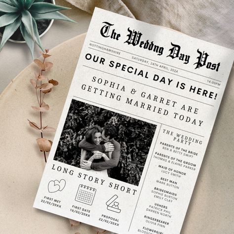 I have created this Stunning & Unique Wedding Program in a Newspaper style to wow your guests!

The product has four sides which includes, Order of The Day, The Newlyweds story, special mentions and a super cute word search to keep your guests entertained!

This is a fully editable template via Canva!

Sizing is A4 The Wedding Post, Wedding Post Newspaper, The Wedding Post Newspaper, Wedding Day Post Newspaper, Save The Day Ideas, Wedding Newspaper Ideas, Wedding Day Post, Newspaper Wedding Announcement, Wedding Newspaper Template