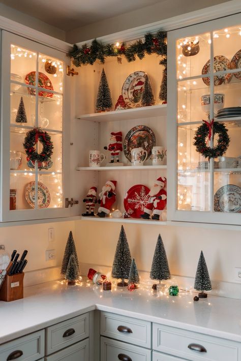 Give Your Kitchen Cabinets a Holiday Makeover with These 14 Creative Ideas Kitchen Cabinet Christmas Decor, Cabinet Christmas Decor, Christmas Decor Ideas For Kitchen, Christmas Decor For Kitchen, Kitchen Glass Cabinet, Christmas Decor Kitchen, Ideas For Kitchen Cabinets, Creative Ideas To Make, Above Kitchen Cabinets