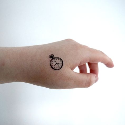 Tiny Temporary Tattoo - Pocket Watch, Vintage, Spring, Black, Illustration, SET OF 4 Tatto Clock, Pocket Watch Tattoo Design, Watch Tattoo Design, Hand Tattoo Designs, Pocket Watch Tattoos, Clock Tattoo Design, Black Illustration, Pocket Watch Tattoo, Small Tattoos With Meaning