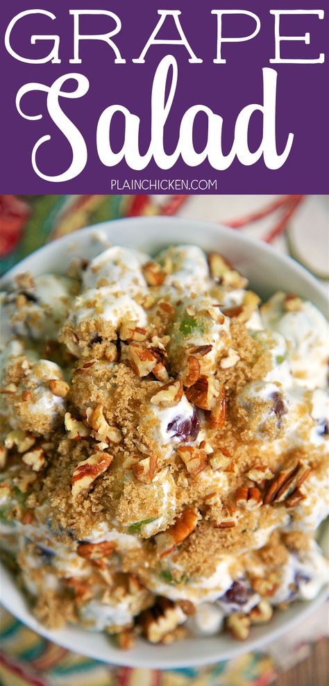 Copycat Chicken Salad Chick's Grape Salad -  this stuff is like crack. It is SO good! Cream cheese, sugar, vanilla, sour cream and grapes topped with brown sugar and pecans. Perfect for a crowd - brunch, baby shower, office potluck, cookout, tailgating, holiday breakfast. SO easy and CRAZY good! Can make ahead and refrigerate. Copycat Chicken Salad, Chicken Salad Chick, Grape Salad Recipe, Brunch Salad, Salad Cream, Salads For A Crowd, Healthy Brunch Recipes, Salad Chicken, Healthy Brunch