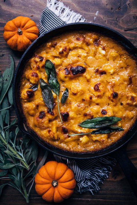 Pumpkin Cauliflower Gratin Pumpkin And Cauliflower Recipes, Autumn Vegan Meals, Pumpkin Entree Recipes, Fall Cauliflower Recipes, Fall Pescatarian Recipes, Seasonal Fall Recipes, Vegetarian Pumpkin Recipes, Vegetarian Autumn Recipes, Fall Meals Vegetarian